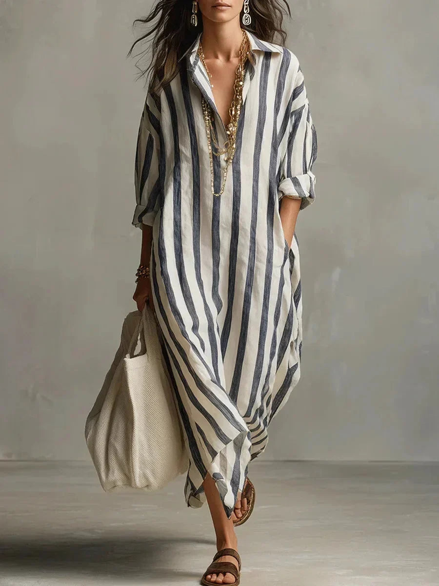 Women's Striped Maxi Shirt Dress with Roll-Tab Long Sleeves