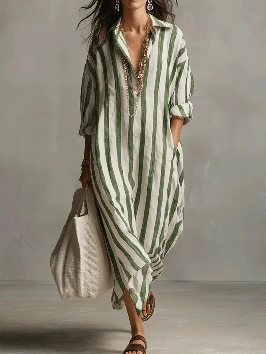 Women's Striped Maxi Shirt Dress with Roll-Tab Long Sleeves