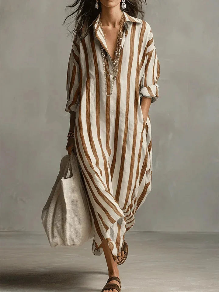 Women's Striped Maxi Shirt Dress with Roll-Tab Long Sleeves