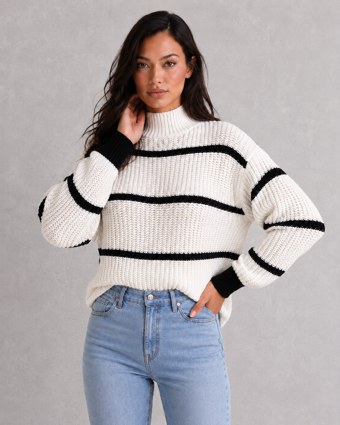 Women’s Striped Mock Turtleneck Knit Jumper with Lantern Sleeves for Casual & Everyday Wear