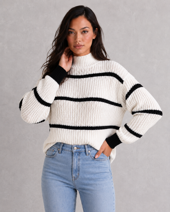 Women’s Striped Mock Turtleneck Knit Jumper with Lantern Sleeves for Casual & Everyday Wear