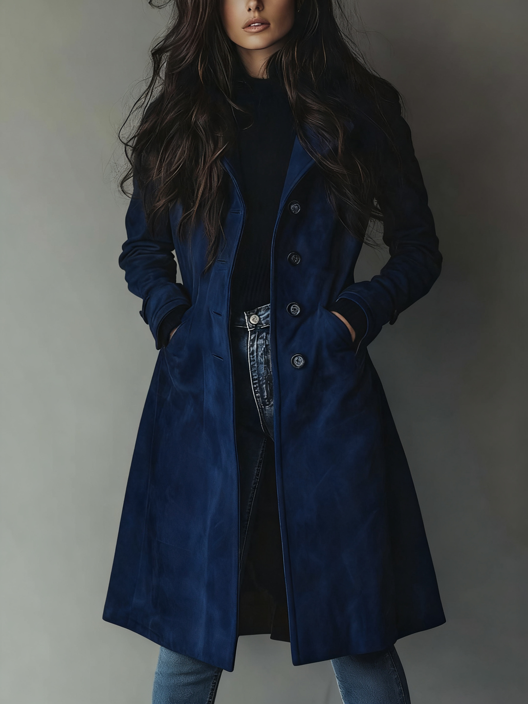 Women's Trench Coat with Notched Collar and Side Pockets