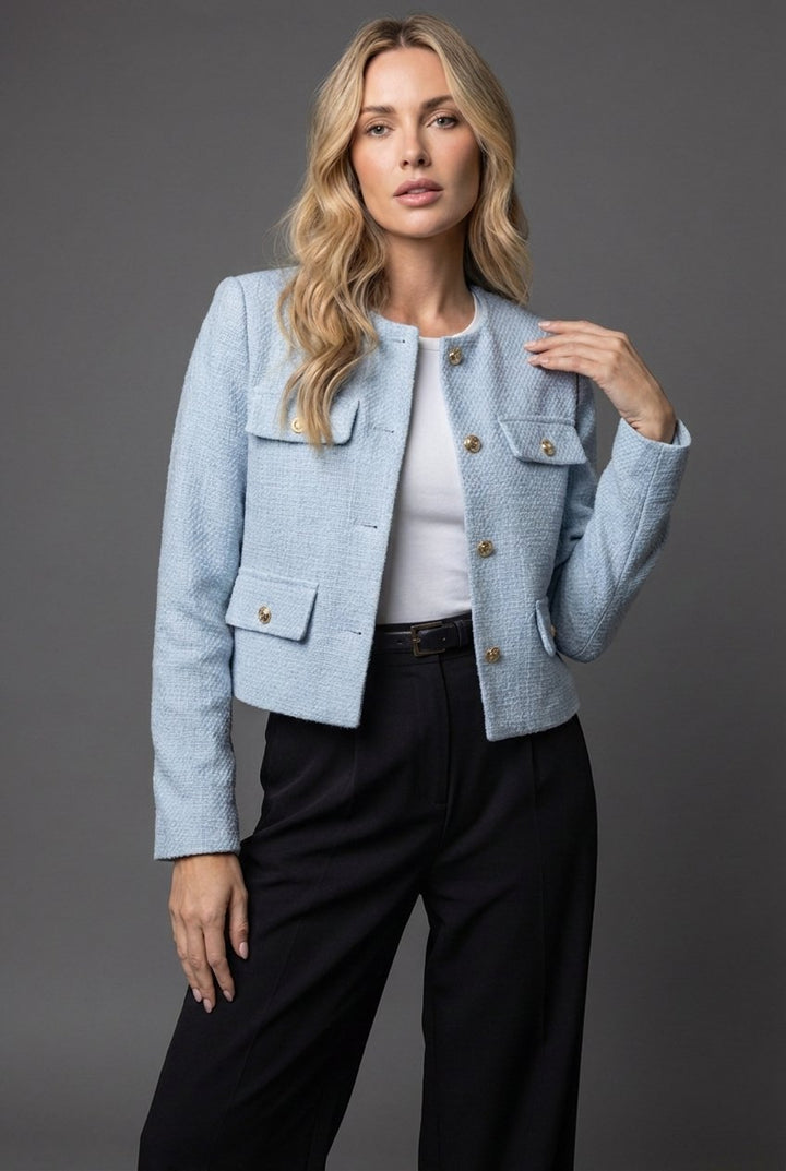 Ladies' Cropped Tweed Blazer with Round Neck and Buttons