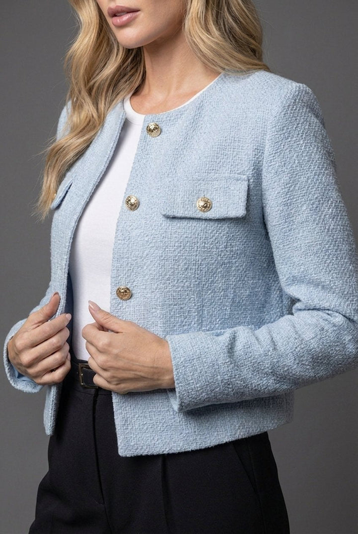 Ladies' Cropped Tweed Blazer with Round Neck and Buttons