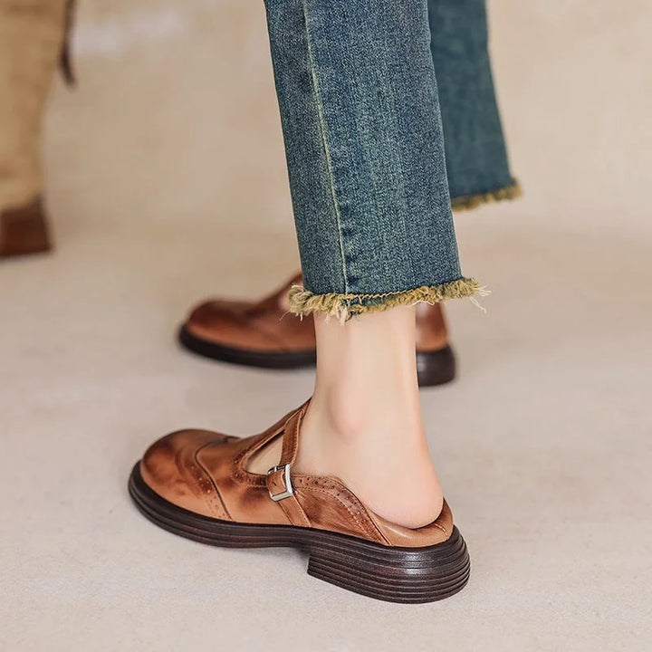Women's Elegant Mary Jane Sandals with Brogue Details & Buckle Strap