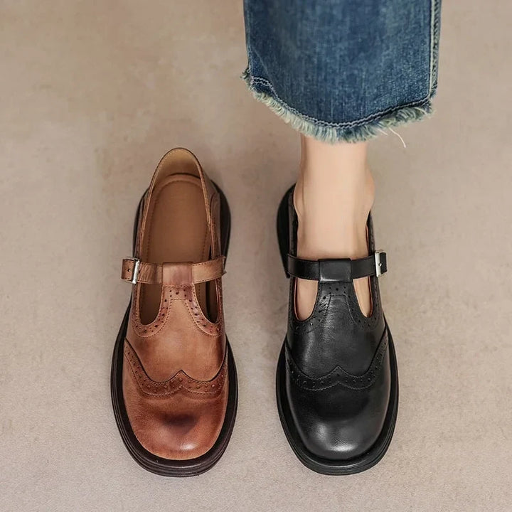 Women's Elegant Mary Jane Sandals with Brogue Details & Buckle Strap