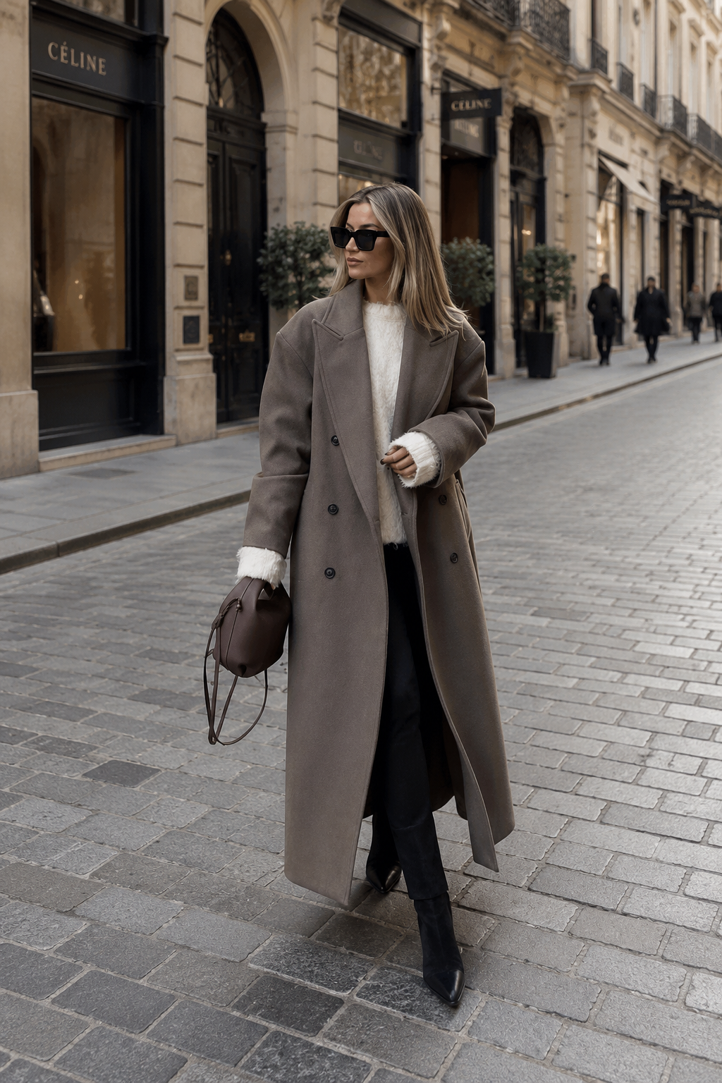 Ladies Long Wool Winter Coat Double-Breasted with Lapel Collar