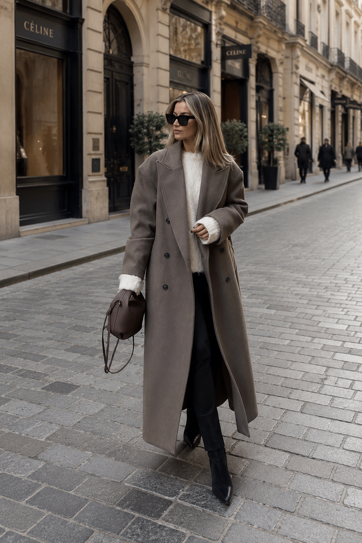 Ladies Long Wool Winter Coat Double-Breasted with Lapel Collar