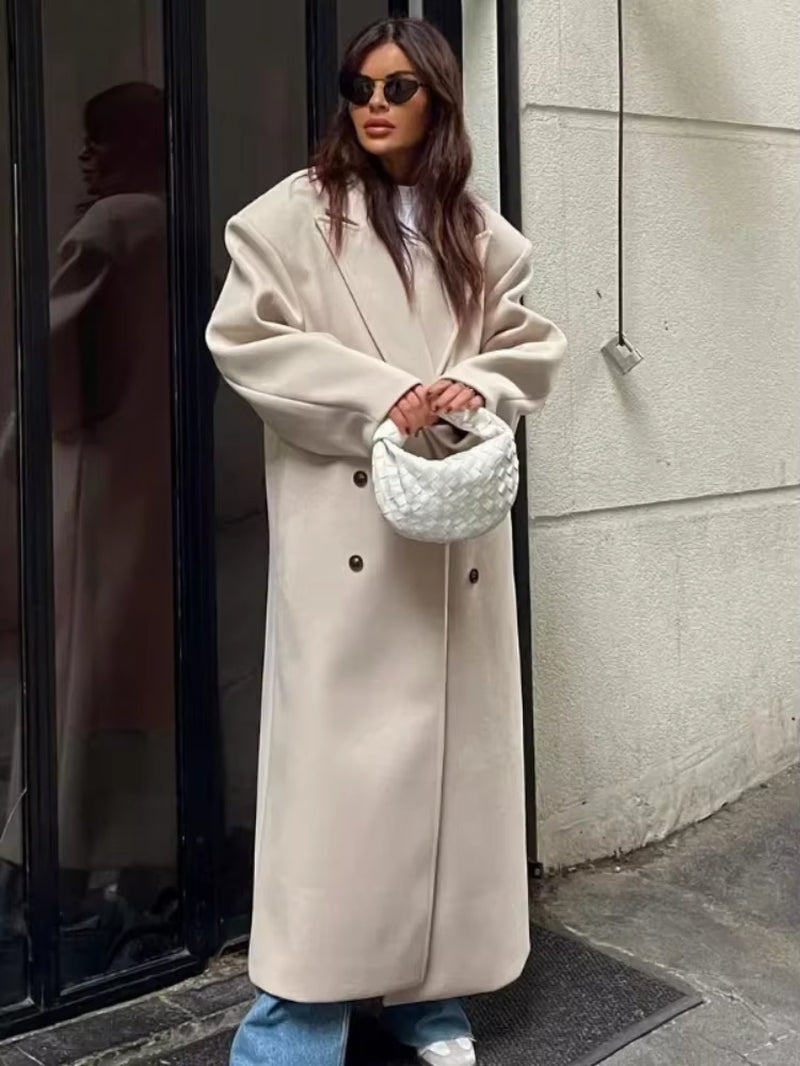 Ladies Long Wool Winter Coat Double-Breasted with Lapel Collar