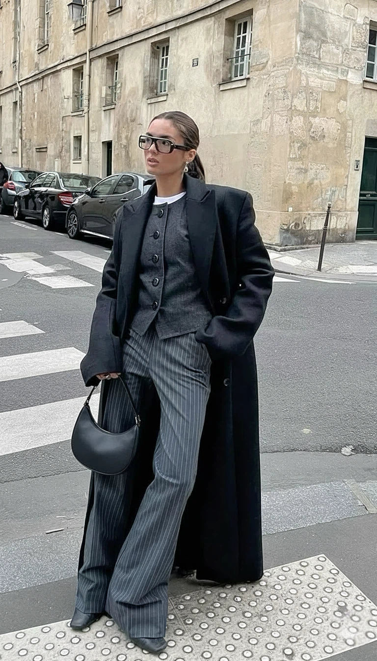 Ladies Long Wool Winter Coat Double-Breasted with Lapel Collar