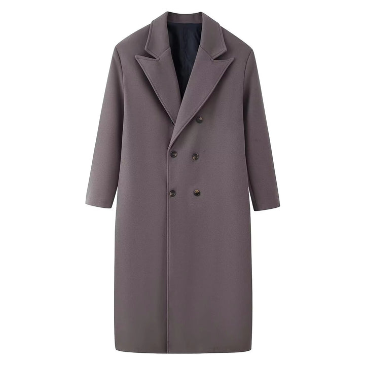 Ladies Long Wool Winter Coat Double-Breasted with Lapel Collar