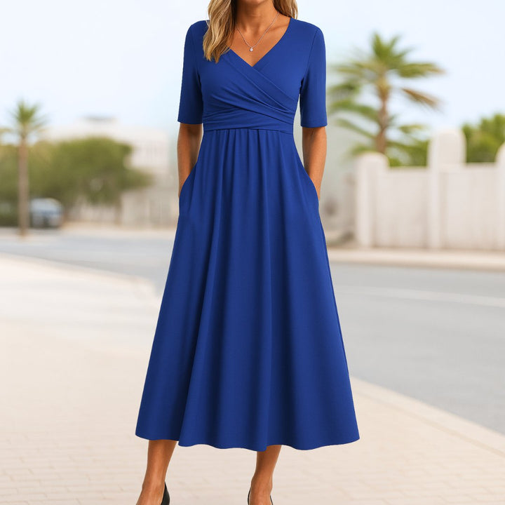 Olivia | Women's Wrap Front V-Neck Short Sleeve Midi Dress