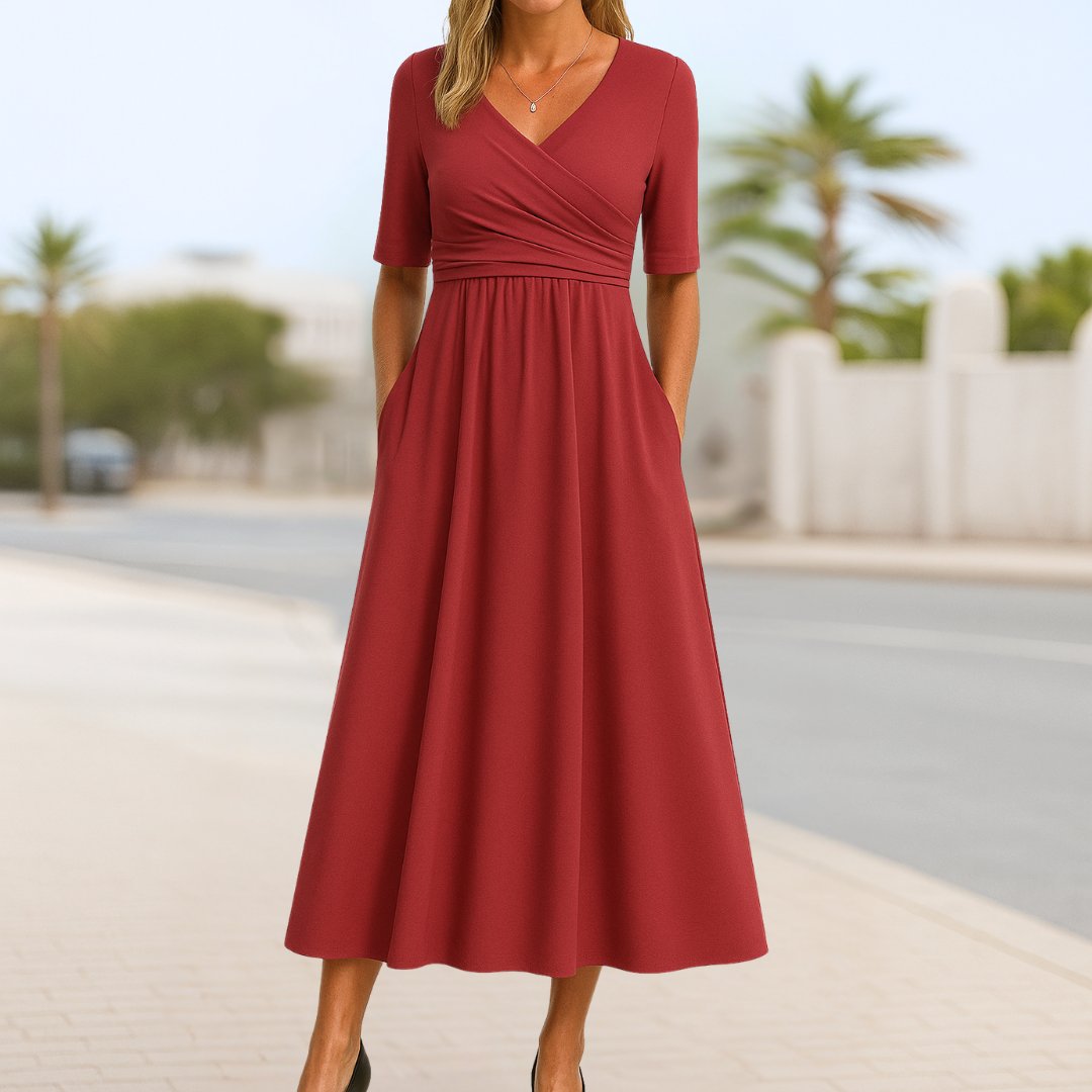 Olivia | Women's Wrap Front V-Neck Short Sleeve Midi Dress