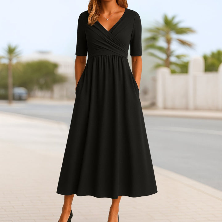 Olivia | Women's Wrap Front V-Neck Short Sleeve Midi Dress