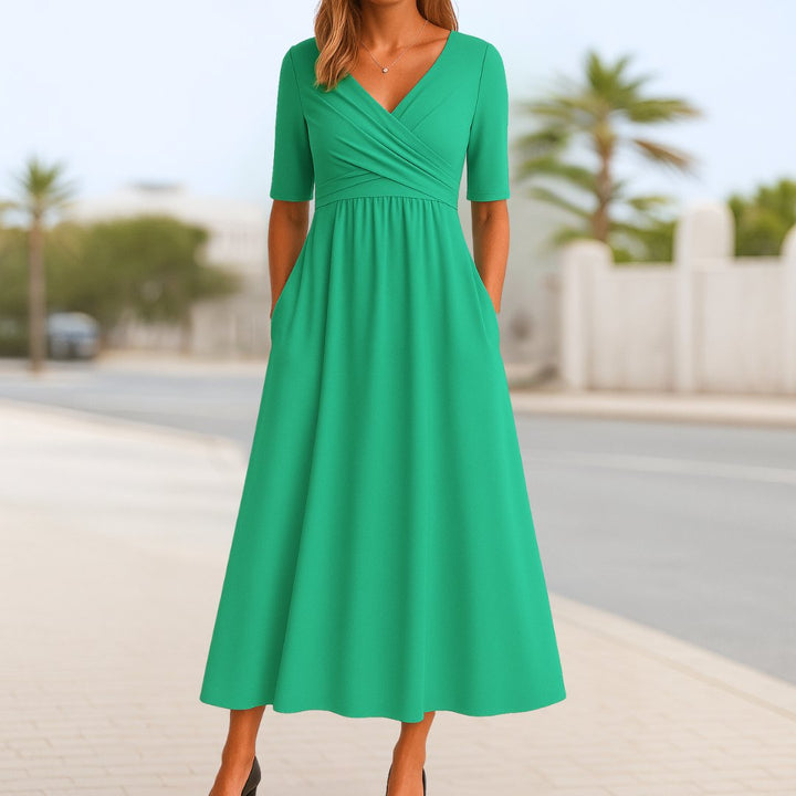 Olivia | Women's Wrap Front V-Neck Short Sleeve Midi Dress