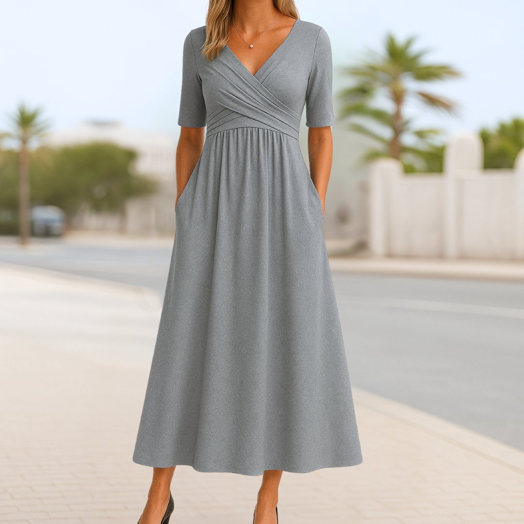 Olivia | Women's Wrap Front V-Neck Short Sleeve Midi Dress
