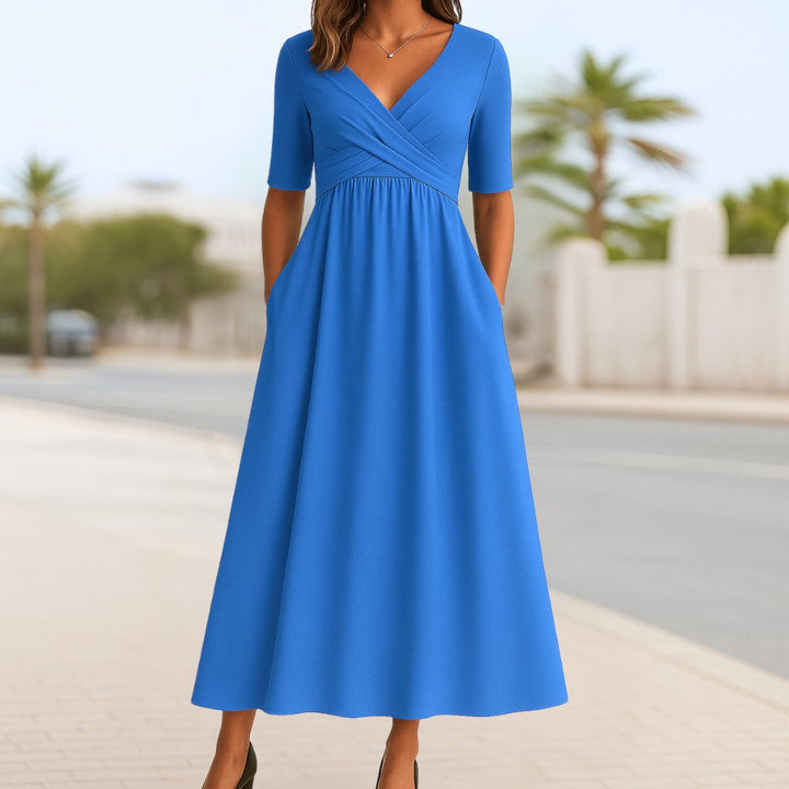 Olivia | Women's Wrap Front V-Neck Short Sleeve Midi Dress