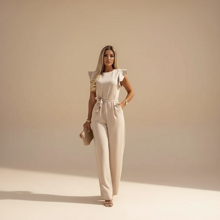 Women's Flutter Sleeve Wide Leg Jumpsuit with Waist Tie - Elegant