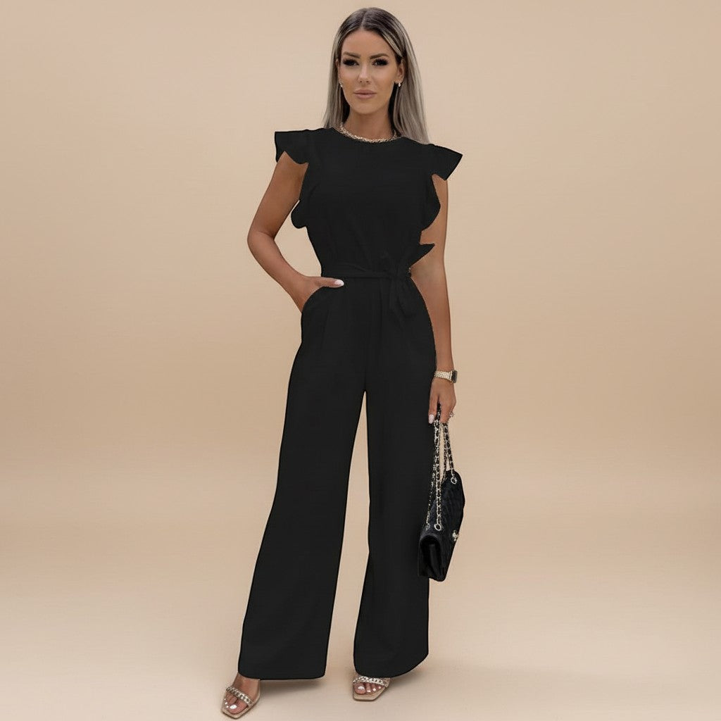 Women's Flutter Sleeve Wide Leg Jumpsuit with Waist Tie - Elegant