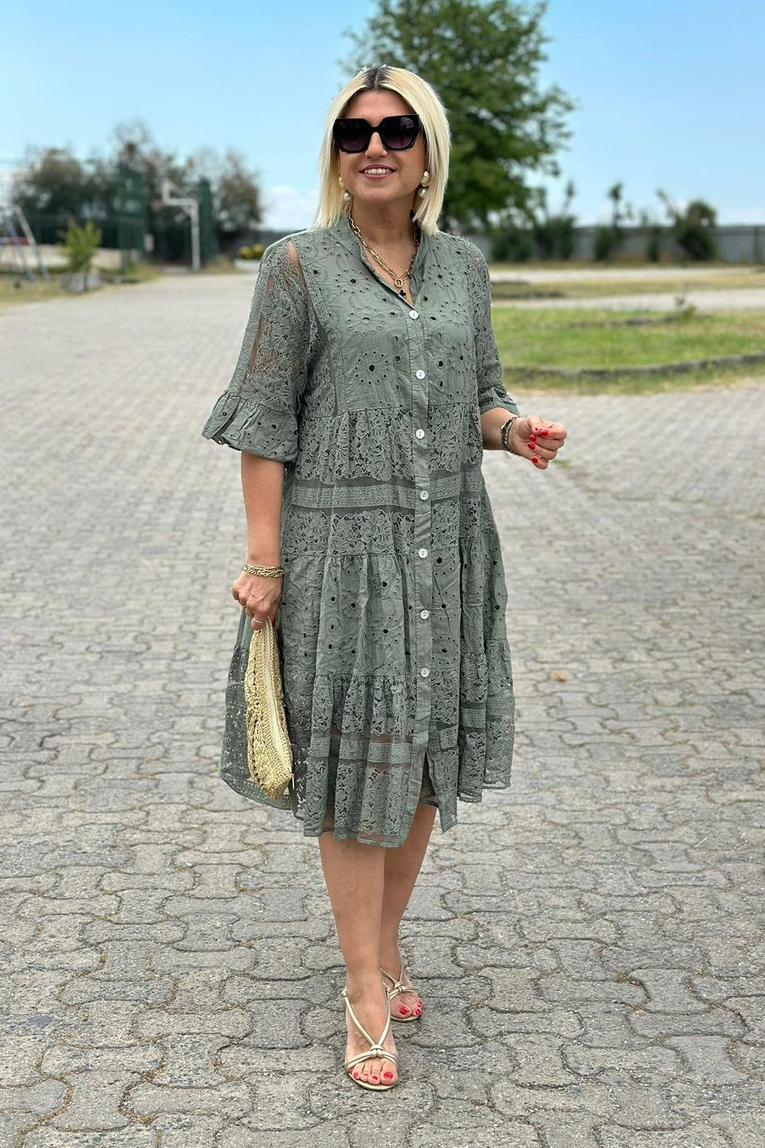 Women's A-Line Dress with Three-Quarter Sleeves and Front Buttons, view 4 - Elena Harper