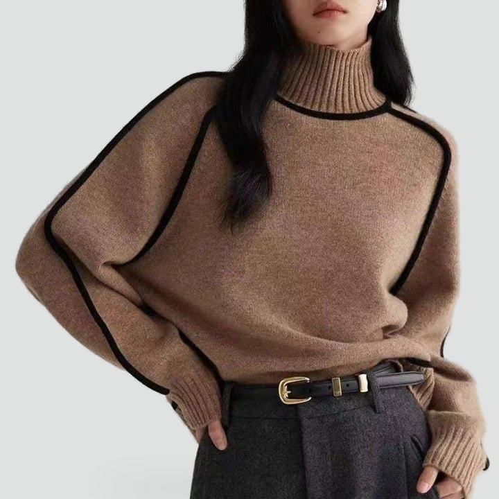Soft Turtleneck Sweater with Contrast Piping and Ribbed Edges for Women