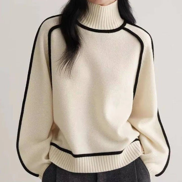 Soft Turtleneck Sweater with Contrast Piping and Ribbed Edges for Women